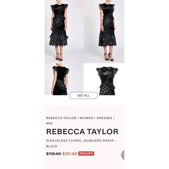 Rebecca‎ Taylor Midi Dress Black Ruffle Jacquard Velvet Floral SZ 10 Retail $730 - Picture 2 of 15